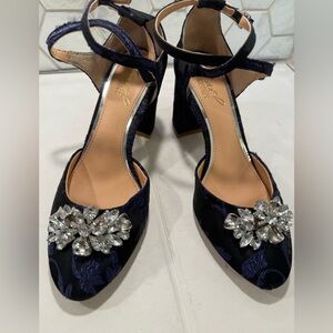 Badgley Mischka Jewel Aiyana Crystal Embellished Black Blue Block Heels Sz 6.5